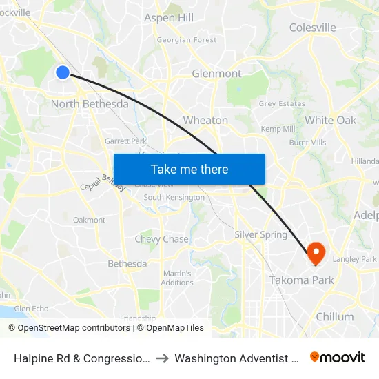 Halpine Rd & Congressional Plaza to Washington Adventist University map