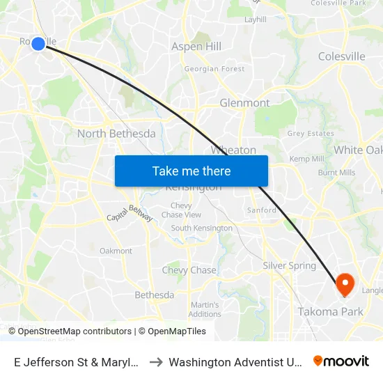E Jefferson St & Maryland Ave to Washington Adventist University map