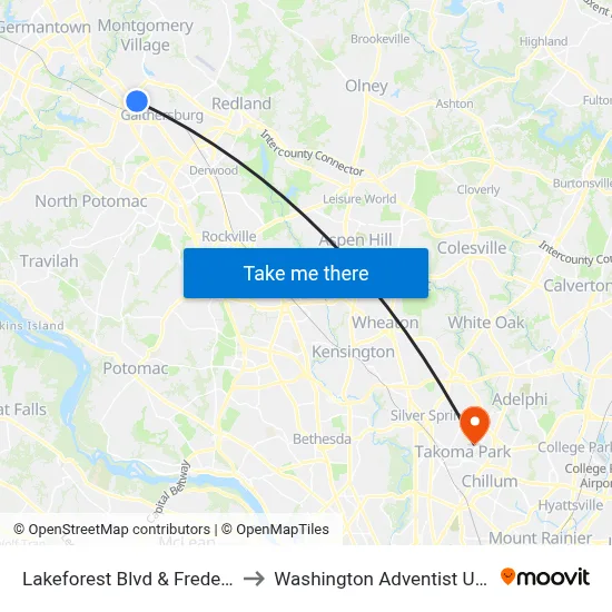 Lakeforest Blvd & Frederick Ave to Washington Adventist University map