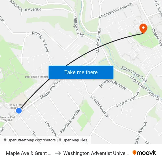 Maple Ave & Grant Ave to Washington Adventist University map