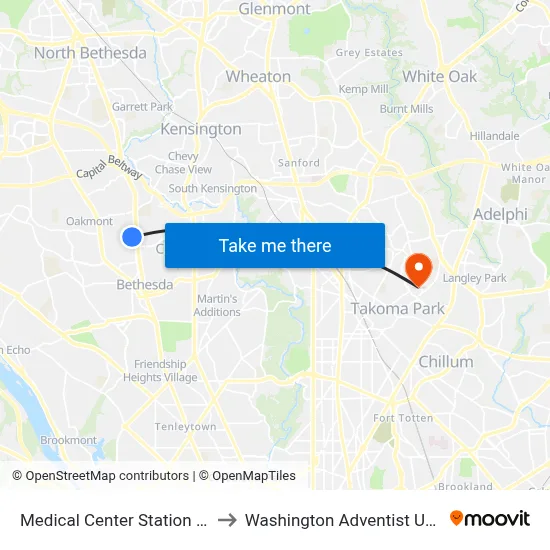 Medical Center Station & Bay C to Washington Adventist University map