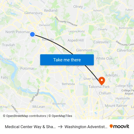Medical Center Way & Shady Grove Rd to Washington Adventist University map
