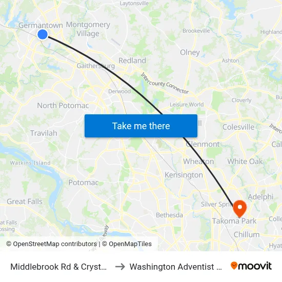 Middlebrook Rd & Crystal Rock Dr to Washington Adventist University map