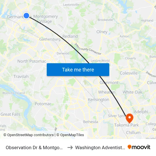 Observation Dr & Montgomery College to Washington Adventist University map