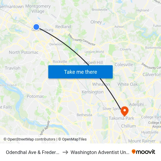 Odendhal Ave & Frederick Ave to Washington Adventist University map