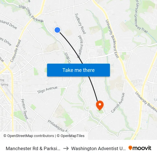 Manchester Rd & Parkside Plaza to Washington Adventist University map