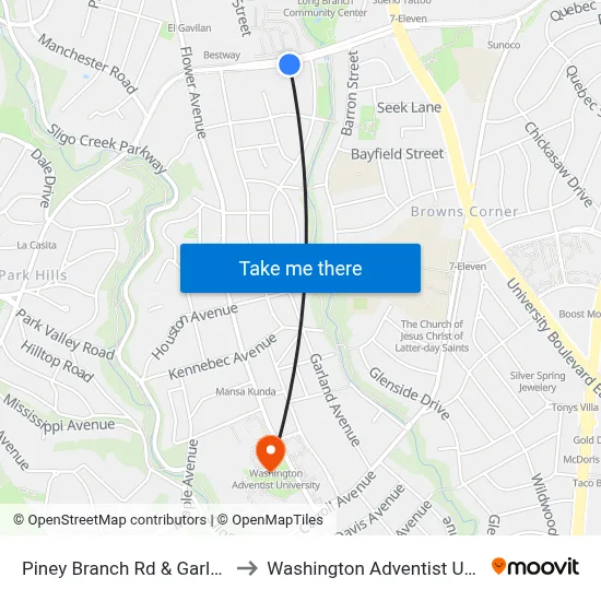Piney Branch Rd & Garland Ave to Washington Adventist University map