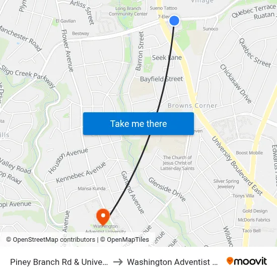 Piney Branch Rd & University Blvd to Washington Adventist University map