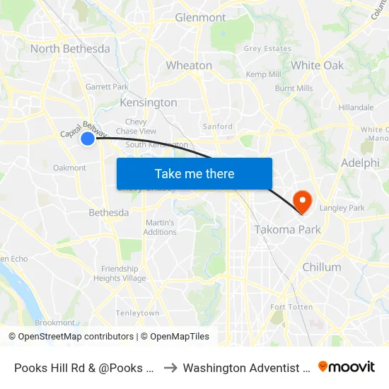Pooks Hill Rd & @Pooks Hill Towers to Washington Adventist University map