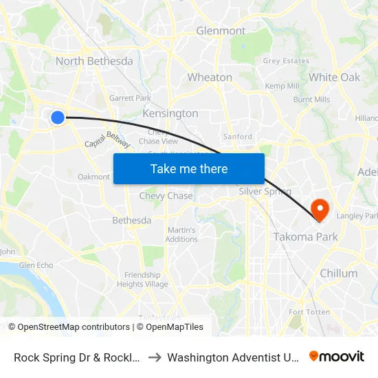 Rock Spring Dr & Rockledge Dr to Washington Adventist University map