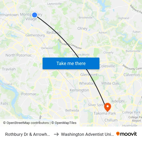 Rothbury Dr & Arrowhead Rd to Washington Adventist University map