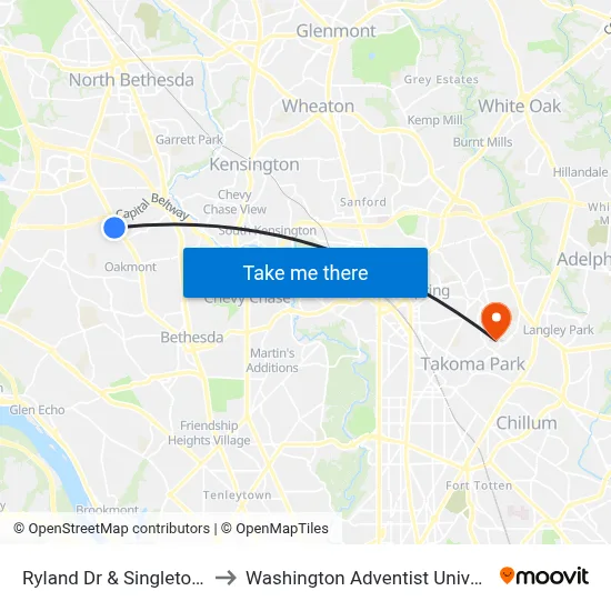 Ryland Dr & Singleton Dr to Washington Adventist University map