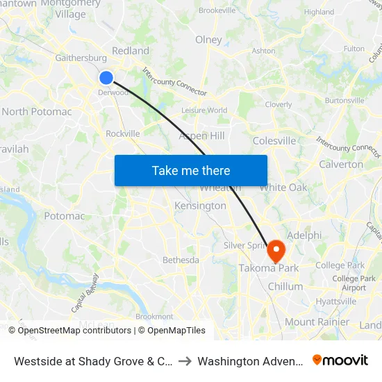 Westside at Shady Grove & Crabbs Branch Way to Washington Adventist University map