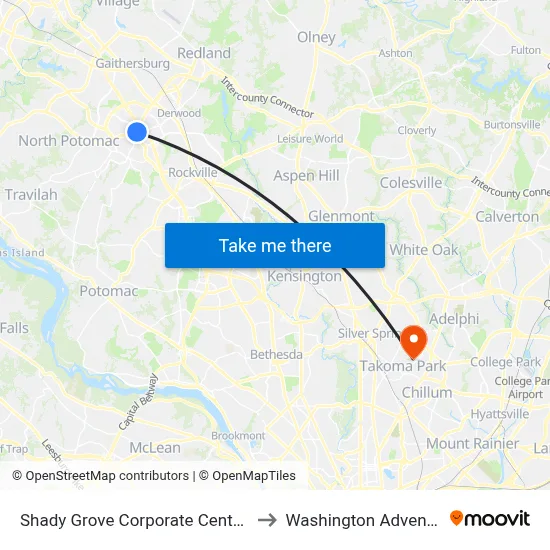 Shady Grove Corporate Center & Corporate Blvd to Washington Adventist University map