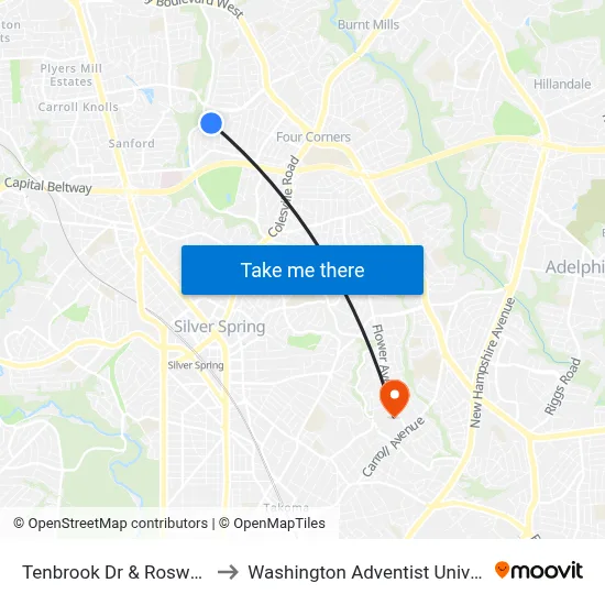 Tenbrook Dr & Roswell Dr to Washington Adventist University map
