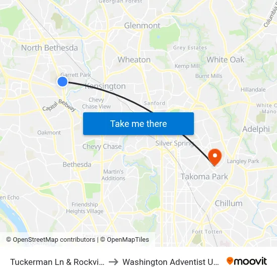Tuckerman Ln & Rockville Pike to Washington Adventist University map