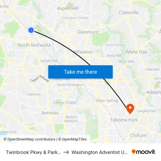 Twinbrook Pkwy & Parklawn Dr to Washington Adventist University map