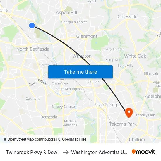 Twinbrook Pkwy & Dowgate Ct to Washington Adventist University map