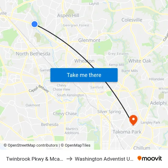 Twinbrook Pkwy & Mcauliffe Dr to Washington Adventist University map