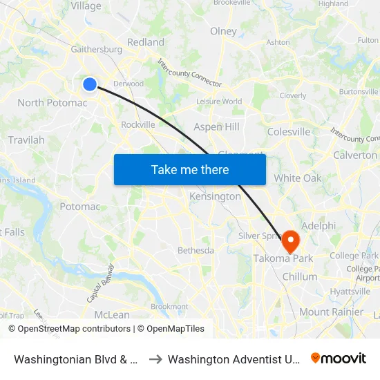 Washingtonian Blvd & Rio Blvd to Washington Adventist University map