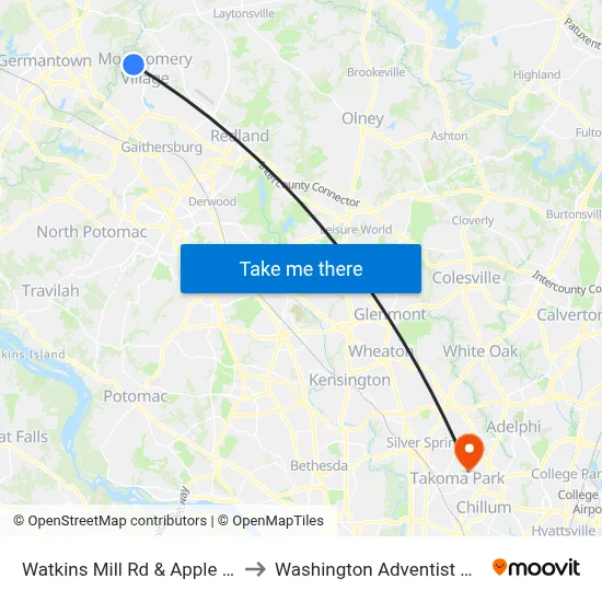 Watkins Mill Rd & Apple Ridge Rd to Washington Adventist University map