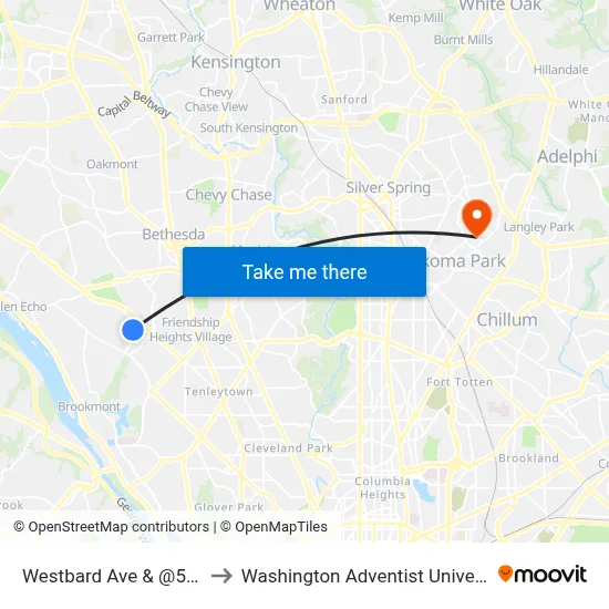 Westbard Ave & @5400 to Washington Adventist University map