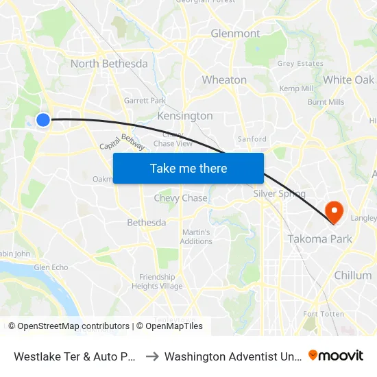 Westlake Ter & Auto Park Ave to Washington Adventist University map