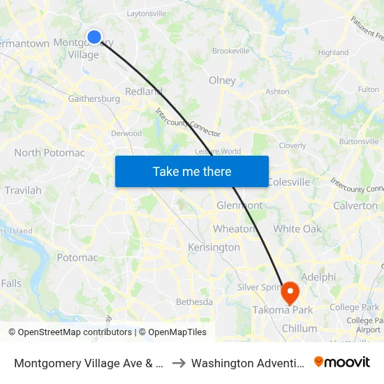 Montgomery Village Ave & Wightman Blvd to Washington Adventist University map