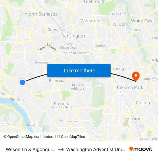 Wilson Ln & Algonquin Ave to Washington Adventist University map