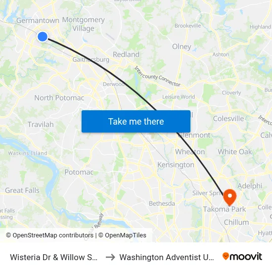 Wisteria Dr & Willow Spring Dr to Washington Adventist University map