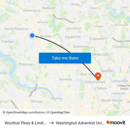 Wootton Pkwy & Lindley Terr to Washington Adventist University map