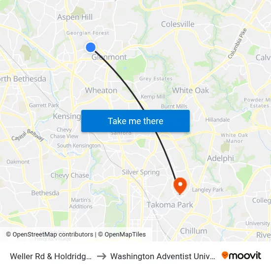 Weller Rd & Holdridge Rd to Washington Adventist University map