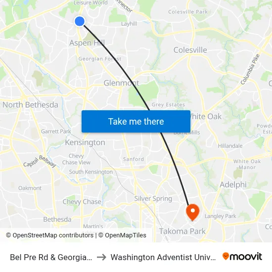 Bel Pre Rd & Georgia Ave to Washington Adventist University map