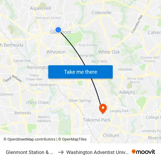Glenmont Station & Bay C to Washington Adventist University map