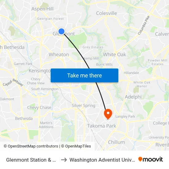 Glenmont Station & Bay B to Washington Adventist University map
