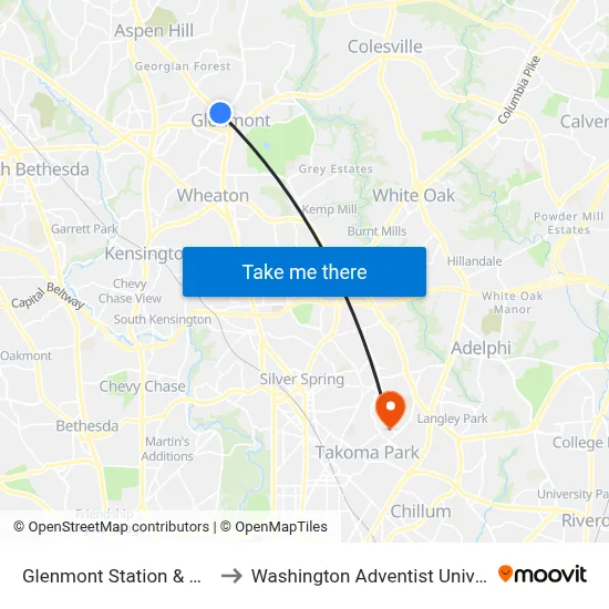 Glenmont Station & Bay G to Washington Adventist University map