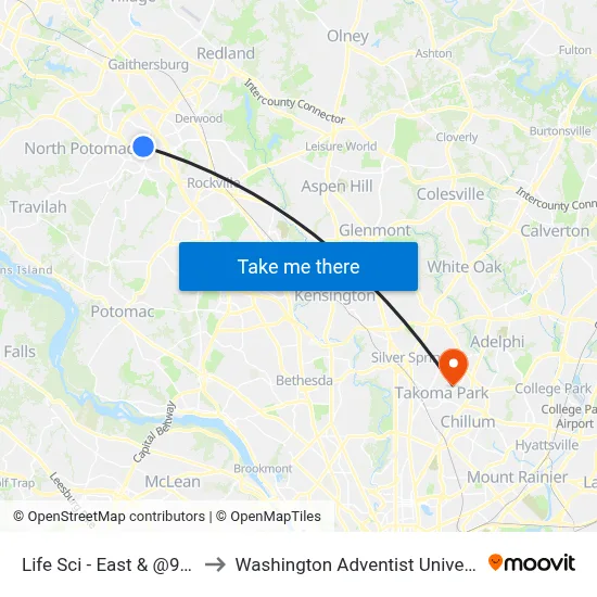Life Sci - East & @9630 to Washington Adventist University map