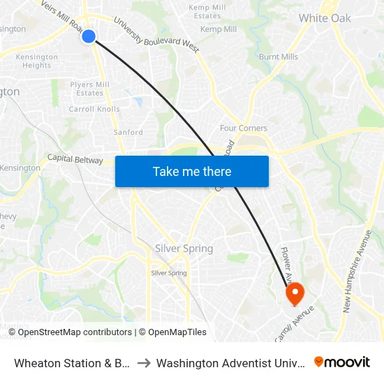 Wheaton Station & Bay H to Washington Adventist University map