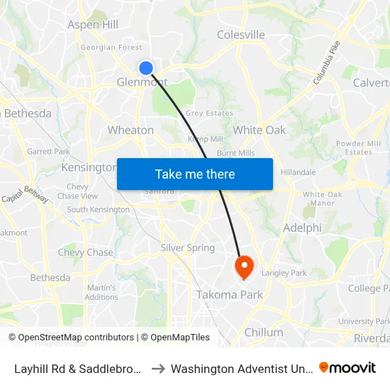 Layhill Rd & Saddlebrook Park to Washington Adventist University map