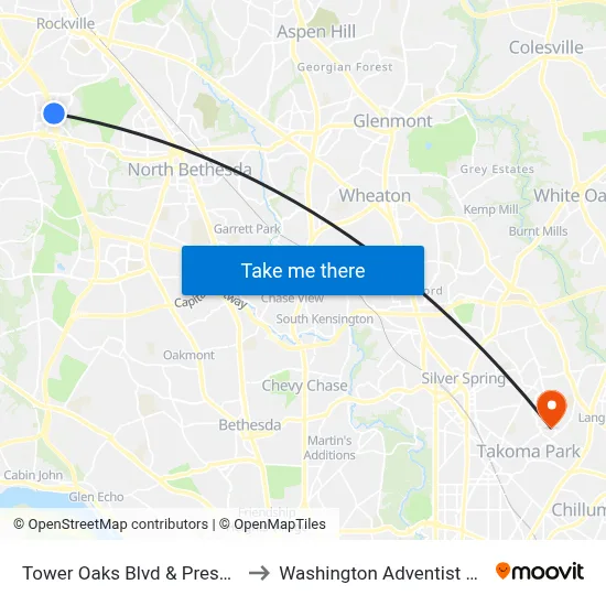 Tower Oaks Blvd & Preserve Pkwy to Washington Adventist University map