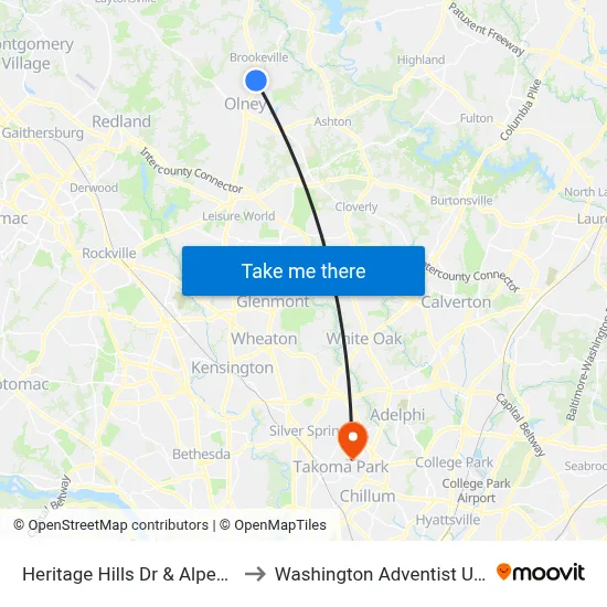 Heritage Hills Dr & Alpenglow Ln to Washington Adventist University map