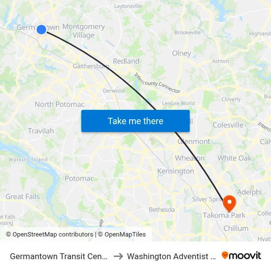 Germantown Transit Center & Bay F to Washington Adventist University map
