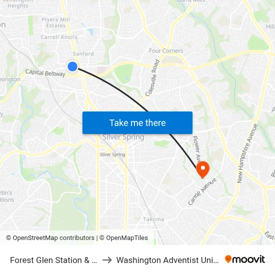 Forest Glen Station & Bay C to Washington Adventist University map