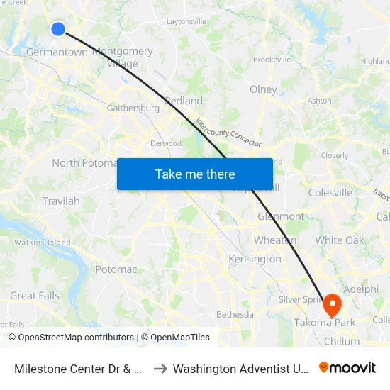 Milestone Center Dr & @12450 to Washington Adventist University map