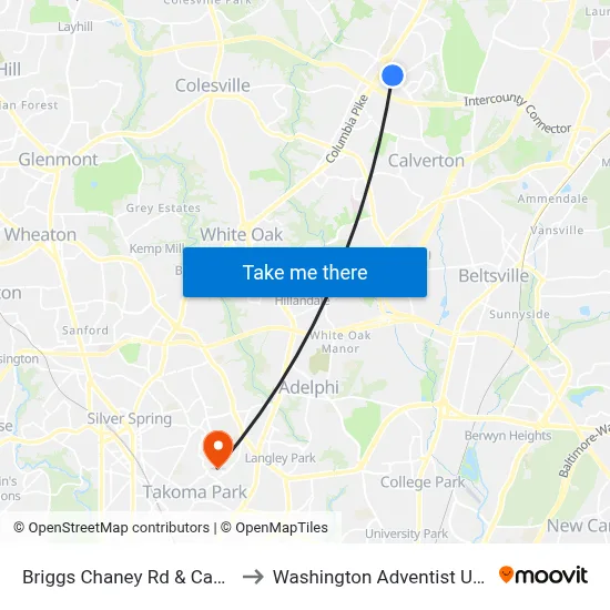 Briggs Chaney Rd & Castle Blvd to Washington Adventist University map