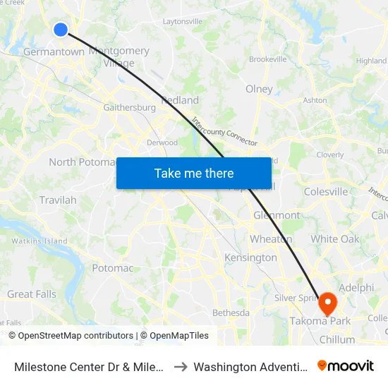 Milestone Center Dr & Milestone Center Ct to Washington Adventist University map