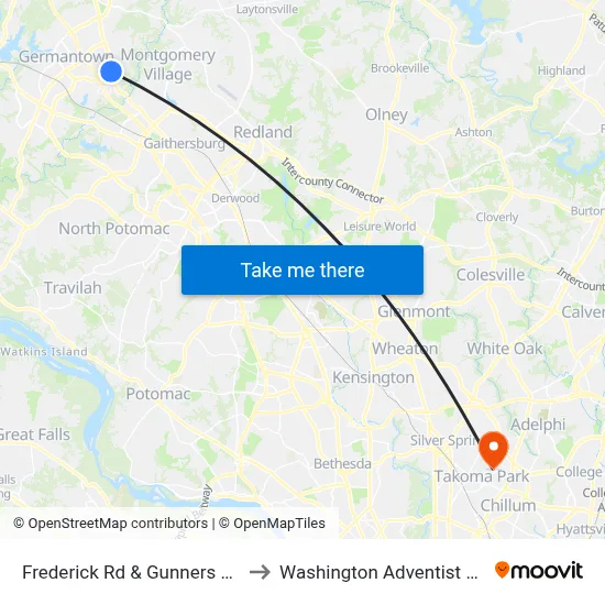 Frederick Rd & Gunners Branch Rd to Washington Adventist University map