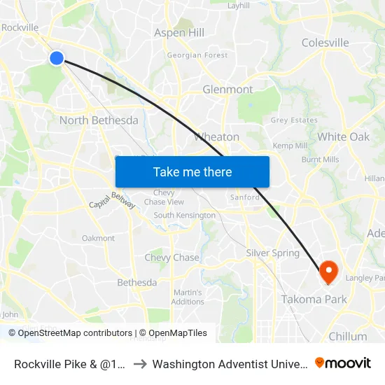 Rockville Pike & @1001 to Washington Adventist University map