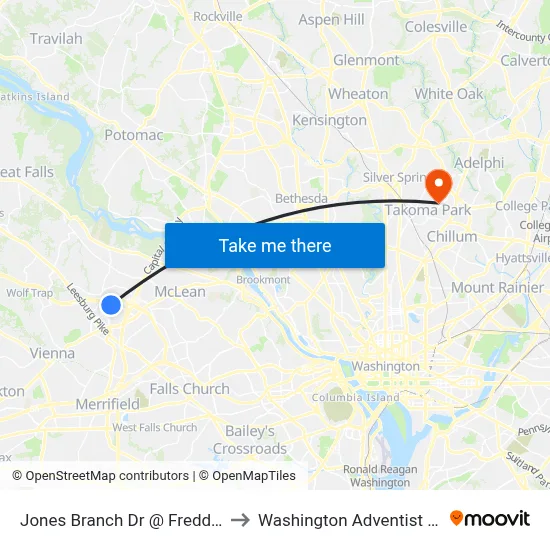 Jones Branch Dr @ Freddie Mac Ctr to Washington Adventist University map