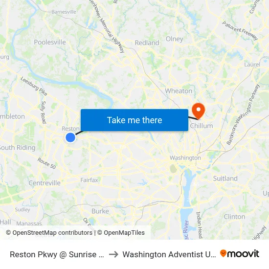 Reston Pkwy @ Sunrise Valley Dr to Washington Adventist University map
